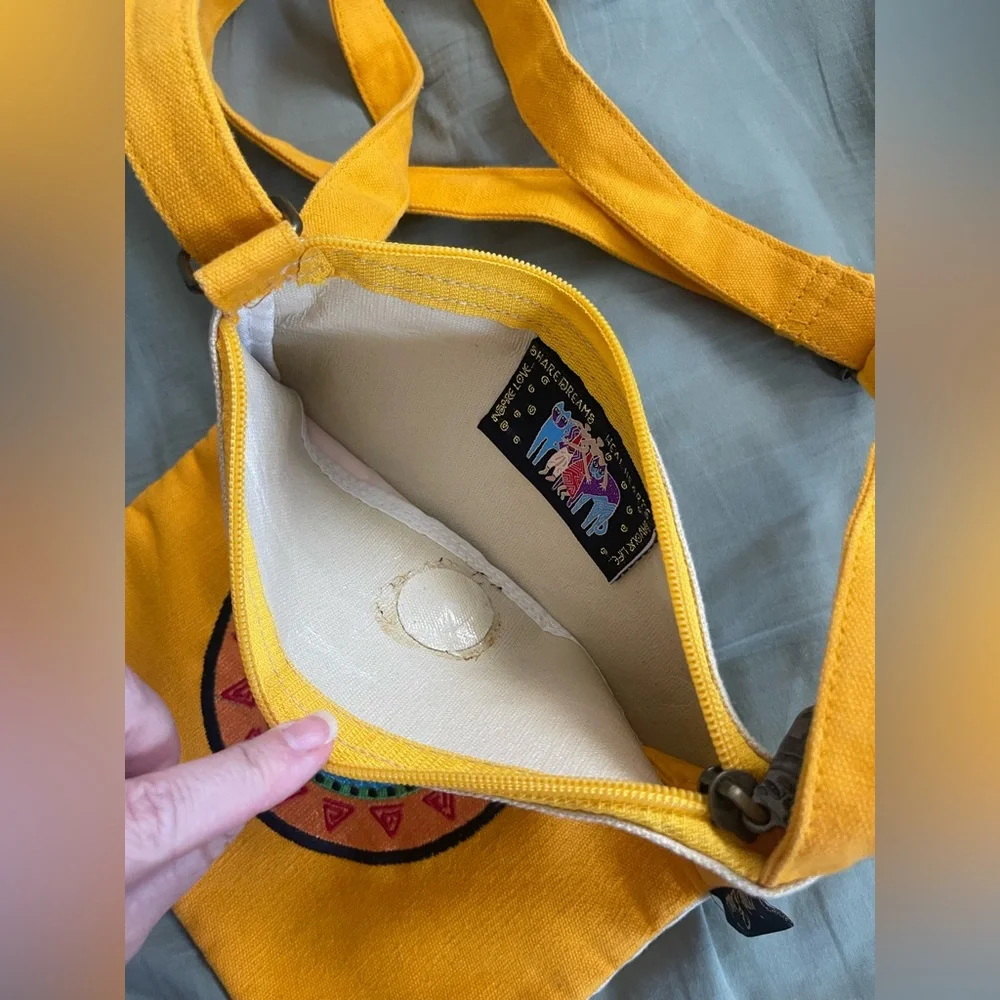 Laurel Burch Vintage Yellow Crossbody Bag with Embroidered Cat Design